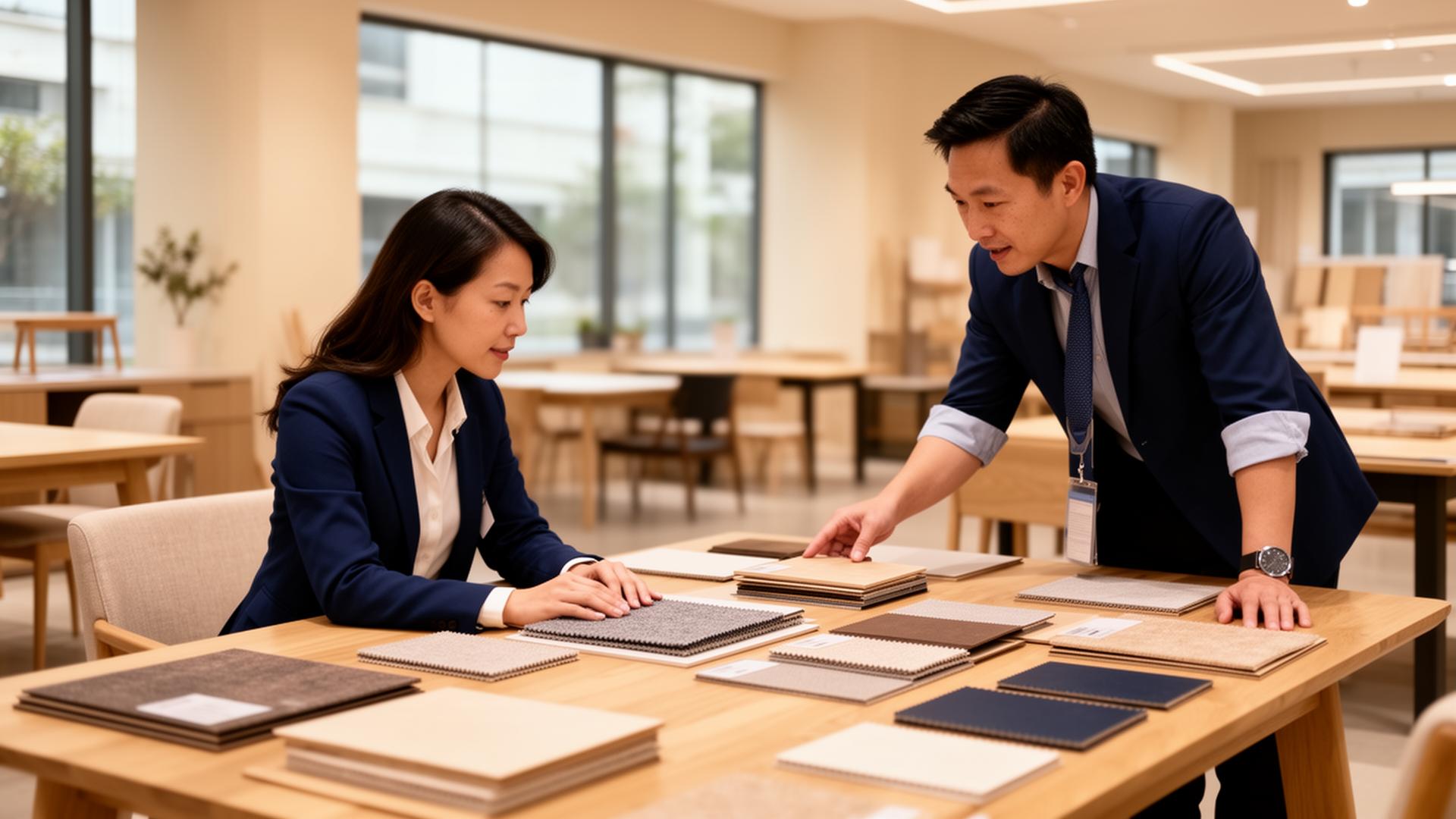 American buyer and Asian factory partner reviewing product samples